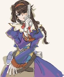 Rule 34 | 1girl, belt, bow, braid, brown hair, coat, dress, gloves, gun, hairband, hanakuso, long hair, looking at viewer, one eye closed, open mouth, purple dress, red hairband, ribbon, sidelocks, simple background, solo, virginia maxwell, weapon, wild arms, wild arms 3