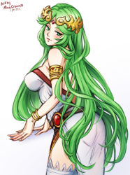 Rule 34 | 1girl, ancient greek clothes, artist name, back, belt, blush, bracelet, breasts, chiton, circlet, cleavage, dated, female focus, gem, green eyes, green hair, jewelry, kid icarus, large breasts, long hair, looking at viewer, looking back, matching hair/eyes, mina cream, nintendo, palutena, parted bangs, seductive smile, sideboob, simple background, smile, solo, super smash bros., thighhighs, very long hair, white background, white thighhighs