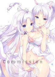 Rule 34 | 2girls, angel wings, animal ears, back, bare shoulders, blue eyes, blush, breasts, choker, cleavage, commission, daefny, dress, highres, large breasts, lingerie, long hair, looking at viewer, multiple girls, original, ponytail, sitting, small breasts, smile, tail, underwear, unicorn, upper body, white hair, wings, yuri