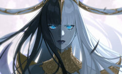 Rule 34 | 1girl, black hair, black lips, blue eyes, blunt bangs, chinese commentary, colored skin, commentary request, crying, crying with eyes open, expressionless, fan mu zhang, final fantasy, final fantasy xiv, floating hair, grey skin, headpiece, highres, lace collar, long hair, looking at viewer, mole, mole under mouth, multicolored hair, multicolored skin, portrait, simple background, solo, split-color hair, straight-on, straight hair, tears, tsukuyomi (ff14), two-tone hair, two-tone skin, white background, white hair, white skin, yellow collar