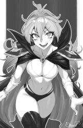 Rule 34 | 1girl, alternate costume, armor, bikini, blush, boots, bracelet, breasts, brooch, cape, cleavage, earrings, gloves, greyscale, hair intakes, high collar, highres, hoop earrings, jewelry, lina inverse, long hair, medium breasts, monochrome, open mouth, orouu, outline, pauldrons, shoulder armor, skindentation, slayers, solo, swimsuit, teeth, thigh boots, very long hair, white outline