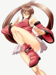 Rule 34 | 1girl, bare legs, bare shoulders, belt boots, boots, breasts, brown hair, china dress, chinese clothes, detached sleeves, dress, fighting stance, frilled skirt, frills, guilty gear, hair tubes, impossible clothes, kuradoberi jam, large breasts, leg lift, long hair, microskirt, mitsumachi senji, parted lips, red dress, skirt, solo, thighs, tight dress, wide sleeves