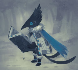 Rule 34 | bird, blue eyes, book, bookmark, boots, cape, capelet, commentary request, crow, forest, fur boots, ka92, multiple tails, muted color, nature, open book, original, outdoors, personification, reading, snow, standing, tail, two tails, vest
