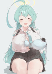 Rule 34 | 1girl, absurdres, ahoge, black gloves, black skirt, blue archive, blue bra, blush, bra, breasts, buttons, collared shirt, facing viewer, feet out of frame, gloves, green hair, grey background, hair between eyes, halo, highres, holding, holding bra, holding clothes, holding underwear, large breasts, long hair, long sleeves, open mouth, painnico, panties, pleated skirt, shirt, simple background, skirt, smile, solo, underwear, white panties, white shirt, yellow halo, yume (blue archive)