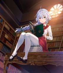 Rule 34 | 1girl, ahoge, black footwear, blouse, book, book stack, bookshelf, bow, bowtie, braid, braided ponytail, character request, floating hair, green eyes, hair bow, holding, holding book, library, long hair, long sleeves, looking at viewer, mary janes, official art, open book, original, pantyhose, parted lips, red skirt, shirt, shoes, sidelocks, silver hair, single braid, sitting, skirt, solo, sunlight, table, tan (tangent), white pantyhose, white shirt, window, wing collar