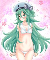 Rule 34 | 1girl, anchor, bikini, blush, bow, breasts, clothes writing, collarbone, cosplay, cowboy shot, floral background, gluteal fold, green eyes, green hair, groin, hair between eyes, hair ornament, hairclip, hat, hat bow, highres, kantai collection, long hair, lowleg, lowleg bikini, navel, sailor bikini, sailor collar, sailor hat, solo, standing, striped, striped bow, swimsuit, tamanori (isokazelove), white bikini, yamakaze (kancolle), z3 max schultz (kancolle) (cosplay), z3 max schultz (kancolle)