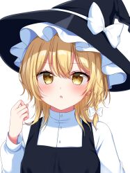 Rule 34 | 1girl, absurdres, alternate hair length, alternate hairstyle, black dress, black hat, blonde hair, blush, bow, braid, breasts, buttons, dress, earrings, eyes visible through hair, frills, hair between eyes, hair bow, hand up, hat, hat bow, highres, jewelry, kirisame marisa, long sleeves, looking at viewer, medium breasts, open mouth, puffy long sleeves, puffy sleeves, shinonome asu, shirt, short hair, side braid, simple background, single braid, solo, split mouth, star (symbol), star earrings, teeth, touhou, upper body, white background, white bow, white shirt, witch hat, yellow eyes