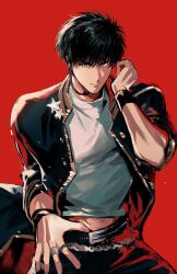 Rule 34 | 1boy, black eyes, black hair, cowboy shot, finger under clothes, highres, looking at viewer, male focus, nbss sd, red background, rukawa kaede, short hair, simple background, slam dunk (series), solo