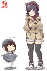 Rule 34 | 2girls, :3, aged down, ahoge, alternate costume, artist logo, beret, black hair, black legwear, blue footwear, blue headwear, bow, braid, brown coat, child, cloak, closed eyes, coat, commentary request, dated, hair bow, hair ornament, hair over shoulder, hat, highres, kanon (kurogane knights), kantai collection, long sleeves, multiple girls, open mouth, red bow, red eyes, red headwear, shigure (kancolle), shoes, short hair, shorts, simple background, single braid, smile, sneakers, standing, thighhighs, white background, white legwear, winter clothes, winter coat, yamashiro (kancolle)