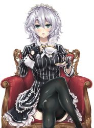 Rule 34 | 1girl, artist request, bad id, bad pixiv id, black gloves, black thighhighs, blue eyes, blush, breasts, chair, crossed legs, cup, dress, feet out of frame, fingerless gloves, gloves, highres, izayoi sakuya, large breasts, looking at viewer, maid headdress, open mouth, silver hair, simple background, sitting, solo, striped, teacup, thighhighs, touhou, white background