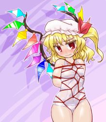 Rule 34 | 1girl, arms behind back, bare shoulders, bdsm, blonde hair, blush, bondage, bound, breasts, closed mouth, collarbone, covered navel, cowboy shot, crystal, demon wings, embarrassed, flandre scarlet, hat, hat ribbon, looking at viewer, mob cap, one-piece swimsuit, purple background, red eyes, red ribbon, ribbon, rope, school swimsuit, shadow, shibari, shiny skin, short hair, side ponytail, small breasts, solo, standing, swimsuit, thigh gap, touhou, white one-piece swimsuit, white school swimsuit, wings, winn