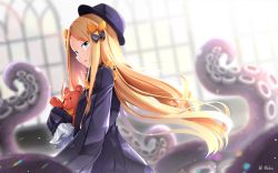 Rule 34 | 1girl, abigail williams (fate), black bow, black dress, black headwear, blonde hair, blue eyes, blurry, blurry background, blush, bow, breasts, dress, fate/grand order, fate (series), forehead, hair bow, highres, long hair, long sleeves, looking at viewer, multiple hair bows, open mouth, orange bow, parted bangs, polka dot, polka dot bow, sleeves past fingers, sleeves past wrists, small breasts, solo, stuffed animal, stuffed toy, teddy bear, tentacles, unlock-creed