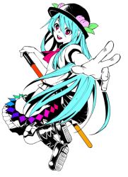 Rule 34 | 1girl, :d, bad id, bad twitter id, bare arms, black footwear, black hat, black skirt, blue hair, boots, bowler hat, cross-laced footwear, diamond (shape), facing away, flat chest, food, frilled shirt, frilled skirt, frills, fruit, full body, hair between eyes, hand on hilt, hat, hinanawi tenshi, lace-up boots, leaf, long hair, looking at viewer, open mouth, outline, outstretched arm, outstretched hand, peach, pink eyes, pink ribbon, puffy short sleeves, puffy sleeves, rainbow, ribbon, shiori (moechin), shirt, short sleeves, sidelocks, simple background, skirt, smile, solo, straight hair, sword, sword of hisou, tareme, teeth, touhou, very long hair, weapon, white background, white shirt