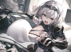 Rule 34 | 1girl, armor, black gloves, breasts, cleavage, commentary request, fingerless gloves, gloves, green eyes, headpiece, holding, holding sword, holding weapon, hololive, large breasts, looking at viewer, mole, mole on breast, myung yi, open mouth, shirogane noel, shirogane noel (1st costume), short hair, solo, sword, virtual youtuber, weapon, white hair