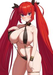 Rule 34 | 1girl, black ribbon, black slingshot swimsuit, breasts, cleavage, collarbone, commentary request, fingernails, hair between eyes, hair ribbon, highres, huge breasts, jewelry, large breasts, last origin, long hair, looking at viewer, may of doom, miman (hasutaro stream), mole, mole on breast, navel, o-ring, o-ring swimsuit, purple eyes, red hair, ribbon, ring, sidelocks, simple background, slingshot swimsuit, solo, swimsuit, thigh strap, twintails, very long hair, white background
