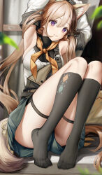 Rule 34 | 1girl, absurdres, animal ear fluff, animal ears, argyle, argyle clothes, argyle legwear, arknights, armpits, arms up, black socks, brown hair, cardigan (arknights), cardigan (sunny day) (arknights), detached sleeves, feet, grey shorts, hair between eyes, highres, kneehighs, knees up, legs, long hair, long sleeves, looking at viewer, multicolored hair, no shoes, nopetroto, parted lips, purple eyes, shirt, short shorts, shorts, sleeveless, sleeveless shirt, smile, socks, solo, streaked hair, tail, thigh strap, toes, very long hair, white shirt, white sleeves