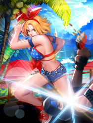 Rule 34 | 1girl, alternate costume, alternate hairstyle, beach, bikini, bikini top only, blue mary, bow, breasts, coconut, coconut tree, day, denim, denim shorts, fatal fury, hair bow, hair ornament, hair ribbon, highres, midriff, navel, ocean, official art, palm tree, red bow, red ribbon, ribbon, shoes, short hair, short shorts, shorts, sideboob, sky, sneakers, snk, solo, swimsuit, the king of fighters, the king of fighters all-stars, tree