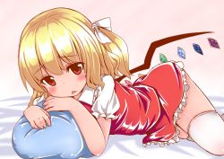 Rule 34 | 1girl, bad id, bad pixiv id, blonde hair, blush, flandre scarlet, gradient background, hair ribbon, head rest, looking at viewer, lying, no headwear, nyt (nagane), on bed, on side, over-kneehighs, pillow, pink background, red eyes, ribbon, short hair, side ponytail, skirt, skirt set, solo, thighhighs, touhou, triangle mouth, white thighhighs, wings