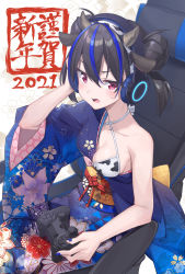 Rule 34 | 1girl, 2021, animal ears, animal print, bare arms, bare shoulders, bikini, black hair, blue kimono, blue nails, blush, breasts, chinese zodiac, cleavage, collarbone, commentary request, controller, cow ears, cow horns, cow print, criss-cross halter, double bun, fake animal ears, fake horns, fang, floral print, game controller, ginopi, hadanugi dousa, hair between eyes, hair bun, halterneck, hand on headphones, hand up, headphones, highres, holding, horns, japanese clothes, kimono, medium breasts, nail polish, on chair, open clothes, open kimono, open mouth, original, playstation controller, print bikini, print kimono, red eyes, short sleeves, sitting, solo, sweat, swimsuit, twintails, wide sleeves, year of the ox