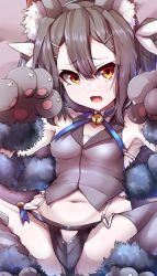 Rule 34 | 1girl, :3, :d, absurdres, animal ear fluff, animal ears, animal hands, armpits, bad id, bad twitter id, bare shoulders, bell, black panties, blue ribbon, breasts, brown hair, cat ears, collarbone, collared shirt, commentary, fang, fate/kaleid liner prisma illya, fate (series), gloves, grey shirt, groin, hair between eyes, hair ornament, hair ribbon, hairclip, hands up, highres, jingle bell, long hair, looking at viewer, miyu edelfelt, open mouth, orange eyes, panties, paw gloves, paw shoes, ribbon, shirt, shoes, sleeveless, sleeveless shirt, small breasts, smile, solo, spread legs, thighhighs, twintails, underwear, wada kazu, white ribbon
