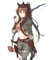 Rule 34 | 1girl, animal ears, arknights, arrow (projectile), belt, bow (weapon), braid, breasts, brown belt, brown hair, brown shirt, capelet, chinese commentary, commentary request, cowboy shot, crop top, green eyes, grey capelet, grey pants, groin, hair between eyes, hand up, highres, horse ears, long hair, long sleeves, looking at viewer, medium breasts, meteor (arknights), midriff, minuo, navel, pants, parted lips, pouch, quiver, shirt, simple background, smile, solo, standing, stomach, tail, transparent background, vambraces, weapon, white background