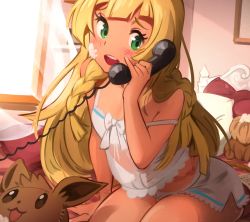 Rule 34 | 1girl, absurdres, alternate costume, arm support, blonde hair, blunt bangs, blush, braid, character doll, clothing request, commentary, creatures (company), curtains, cuts, eevee, game freak, gen 1 pokemon, green eyes, highres, holding, holding phone, indoors, injury, khyle., lillie (pokemon), long hair, nintendo, off shoulder, on bed, open mouth, phone, pillow, pokemon, pokemon (creature), pokemon sm, rope, scar, short shorts, shorts, sitting, smile, solo, stuffing, talking on phone, teeth, thick thighs, thighs, tongue, twin braids, upper teeth only, window