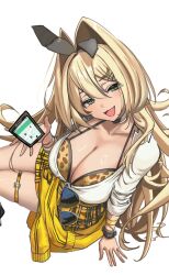 Rule 34 | 1girl, :d, animal print, blonde hair, bra, bra peek, bracelet, breasts, cellphone, checkered clothes, checkered skirt, choker, cleavage, clothes around waist, dondobi, eyewear hang, goddess of victory: nikke, green eyes, hair between eyes, highres, holding, holding phone, jacket, jacket around waist, jewelry, large breasts, leopard print, light blush, long hair, open mouth, phone, ponytail, rupee (nikke), scrunchie, shirt, simple background, sitting, skirt, smartphone, smile, solo, sunglasses, thighlet, unbuttoned, unbuttoned shirt, underwear, unworn eyewear, white background, white shirt, wrist scrunchie, yellow jacket, yellow skirt