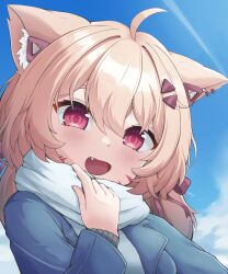 Rule 34 | 1girl, absurdres, ahoge, animal ear fluff, animal ears, cat ears, cat girl, facial mark, fang, hair ornament, hairclip, highres, long hair, looking at viewer, open mouth, outdoors, polypuff, red eyes, scarf, shyrei faolan, solo, upper body, virtual youtuber, vyugen, whisker markings