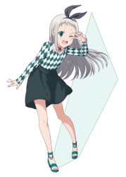 1boy blend_s bow crossdressing full_body green_eyes grey_hair hair_bow hairband kanzaki_hideri long_hair looking_at_viewer male_focus one_eye_closed open_mouth shirt skirt smile solo trap ushio_(0632cd-0729jf)