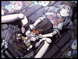 Rule 34 | 1girl, between thighs, bow, corset, covering privates, covering crotch, doll joints, gyn chair, hat, joints, lying, on back, original, grey eyes, silver hair, solo, stuffed animal, stuffed rabbit, stuffed toy, torigoe takumi