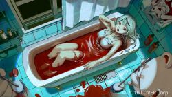 Rule 34 | 1girl, absurdres, bath, bath of blood, bathing, bathroom, bathtub, black hair, blood, blood on ground, blood splatter, bottle, breasts, camisole, claw foot bathtub, cleaning, curtains, from above, grey hair, highres, hololive, indoors, knees up, large breasts, looking at viewer, medium hair, mirror, mop, multicolored hair, official art, pool of blood, red eyes, roji inu, sakamata chloe, sakamata chloe (1st costume), soap bottle, solo, streaked hair, stuffed animal, stuffed toy, sweeping, teddy bear, tile floor, tiles, virtual youtuber, white camisole, window