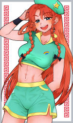 Rule 34 | 1girl, alternate costume, arm behind back, arm behind head, arm up, bad id, bad pixiv id, blue eyes, border, braid, breasts, bright pupils, commentary, cowboy shot, crop top, drop earrings, earrings, flat cap, green shirt, green shorts, grey border, hair ribbon, hat, highres, hong meiling, jewelry, large breasts, leaning to the side, long hair, looking at viewer, navel, open mouth, parted bangs, rainbow print, red hair, ribbon, shirt, short sleeves, shorts, sibata maru, simple background, solo, standing, star (symbol), teeth, touhou, tress ribbon, twin braids, upper teeth only, very long hair, white background, white pupils