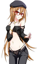 Rule 34 | 1girl, bare shoulders, blush, brown hair, glasses, hat, lindoh flores, long hair, midriff, open clothes, open fly, open mouth, original, panties, piercing, red-eyes macadamiachoco, red eyes, solo, strap slip, string panties, tongue, underwear, unzipped