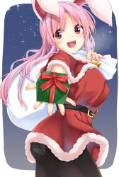 Rule 34 | 1girl, :d, animal ears, ass, bag, belt, black pantyhose, blush, border, breasts, capelet, contrapposto, cowboy shot, dress, fingernails, foreshortening, fur trim, gradient background, hisae (hisae collect), holding, holding bag, incoming gift, large breasts, long hair, looking at viewer, open hand, open mouth, outside border, outstretched arm, panties, panties under pantyhose, pantyhose, parted bangs, purple hair, rabbit ears, red capelet, red dress, red eyes, reisen udongein inaba, santa costume, sky, smile, solo, standing, star (sky), starry sky, touhou, underwear, white border