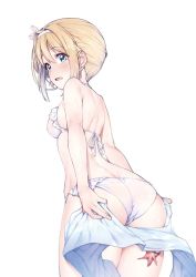 Rule 34 | 1girl, arms at sides, ass, bare shoulders, bikini, blonde hair, blue eyes, breasts, cowboy shot, frill trim, frills, from behind, girls&#039; frontline, hair between eyes, hair ribbon, highres, jp06, looking back, official alternate costume, open mouth, ribbon, short hair, shoulder blades, simple background, small breasts, solo, starfish, suomi (girls&#039; frontline), suomi (midsummer pixie) (girls&#039; frontline), sweat, swimsuit, white background, white bikini