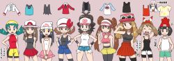 Rule 34 | 6+girls, :&gt;, :d, ^ ^, arm at side, arm behind head, arm up, armpits, arms behind back, arrow (symbol), baseball cap, beanie, bike shorts, bike shorts under shorts, black hair, black legwear, black tank top, black vest, blue eyes, blue hair, bow, bra, breasts, bright pupils, brown hair, cabbie hat, camisole, closed eyes, closed mouth, contrapposto, cowboy shot, creatures (company), dawn (pokemon), denim, denim shorts, double bun, dual persona, facing viewer, fedora, game freak, green shorts, grin, hair bun, hair ornament, hair ribbon, hairclip, hand in own hair, hand on own hip, hands on own hips, hat, hat bow, hilda (pokemon), jacket, kris (pokemon), leaf (pokemon), legs apart, long hair, lyra (pokemon), may (pokemon), miniskirt, multiple girls, nintendo, open mouth, overall shorts, overalls, own hands together, pantyhose, pantyhose under shorts, pink background, pink bra, pink hat, pink skirt, pleated skirt, pokemoa, pokemon, pokemon bw, pokemon bw2, pokemon dppt, pokemon frlg, pokemon gsc, pokemon hgss, pokemon oras, pokemon sm, pokemon xy, poketch, ponytail, red bow, red eyes, red hat, red ribbon, red shirt, red skirt, red sweater, ribbon, rosa (pokemon), selene (pokemon), serena (pokemon), shirt, short shorts, shorts, sidelocks, simple background, skirt, sleeveless, sleeveless shirt, small breasts, smile, sparkle, standing, sun hat, sunglasses, sweatband, sweater, tank top, teeth, thighhighs, translation request, twintails, underwear, undressing, unworn jacket, unworn sweater, unworn vest, v, v-shaped eyebrows, v arms, vest, visor cap, watch, white-framed eyewear, white hat, white jacket, white shirt, white shorts, wristwatch, yellow hat, yellow shorts, z-ring, zettai ryouiki