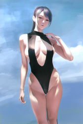 Rule 34 | 1girl, arm at side, bare arms, bare legs, bare shoulders, black one-piece swimsuit, blue sky, breasts, cleavage, cleavage cutout, clothing cutout, contrapposto, cowboy shot, dappled sunlight, day, grey eyes, groin, half-closed eyes, hand up, head tilt, large breasts, long hair, looking at viewer, one-piece swimsuit, original, outdoors, sgk, silver hair, sky, solo, standing, sunlight, swimsuit, thigh gap