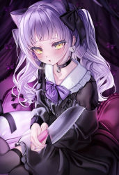 Rule 34 | 1girl, absurdres, animal ears, bell, black bow, black choker, black dress, black thighhighs, blush, bow, bowtie, cat ears, choker, dress, earrings, extra ears, frilled sailor collar, frills, grey hair, hair bow, heart, heart earrings, highres, holding, holding knife, hololive, jewelry, jingle bell, knife, long hair, long sleeves, looking at viewer, murasaki shion, nail polish, neck bell, parted lips, purple bow, purple bowtie, purple nails, sailor collar, sitting, solo, thighhighs, virtual youtuber, white sailor collar, yellow eyes, yunmi 0527