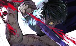 Rule 34 | 1girl, absurdres, battle, biceps, black hair, blood, blood splatter, bloody weapon, cape, highres, holding, holding sword, holding weapon, jujutsu kaisen, katana, looking at viewer, multiple scars, muscular, muscular female, scar, scars all over, short hair, solo, sword, too many, scars all over, weapon, yellow eyes, zen&#039;in maki, zumama358