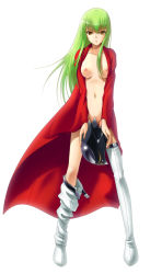 Rule 34 | 00s, 1girl, 40010prototype, breasts, c.c., cape, code geass, green hair, helmet, legs apart, long hair, naked cape, nipples, nude, open clothes, open robe, open shirt, robe, shirt, solo, spread legs, standing, thighhighs