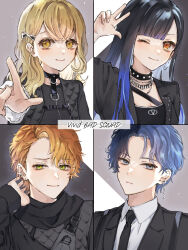 Rule 34 | 2boys, 2girls, alternate hairstyle, aoyagi touya, asymmetrical bangs, averting eyes, azusawa kohane, black choker, black jacket, black necktie, black scarf, black shirt, black suit, blonde hair, blue hair, blunt bangs, breasts, buttoned cuffs, buttons, choker, collared shirt, colored inner hair, commentary, dark blue hair, earclip, earrings, formal, glint, gradient background, grey background, grey eyes, group name, hair down, hair ornament, hair over shoulder, half-closed eye, hand on own neck, jacket, jewelry, lapels, light blue hair, light brown hair, light frown, long hair, long sleeves, looking at viewer, medium hair, mikeimikei, mole, mole under eye, multicolored hair, multiple boys, multiple girls, necklace, necktie, notched lapels, one eye closed, open clothes, open jacket, orange eyes, orange hair, parted hair, pointing, pointing forward, portrait, project sekai, scarf, shinonome akito, shiraishi an, shirt, shoulder belt, small breasts, smile, split-color hair, stud earrings, suit, two-tone background, upper body, vivid bad squad (project sekai), w, wavy hair, white background, white shirt