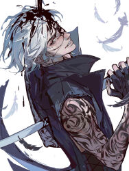 Rule 34 | 1boy, arm tattoo, black blood, black eyes, blood, devil may cry (series), devil may cry 5, fingerless gloves, fo san da can shi, gloves, highres, holding, male focus, sleeveless, smile, solo, sword, tattoo, upper body, v (devil may cry), weapon, white hair