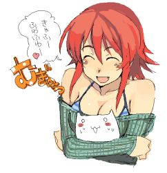 Rule 34 | 1girl, ^ ^, bare shoulders, blush, breasts, breasts squeezed together, cleavage, closed eyes, crossed arms, fang, hug, kusanagi tonbo, large breasts, oekaki, open mouth, original, red hair, short hair, simple background, smile, solo, sound effects, swimsuit, swimsuit under clothes, translation request