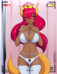 Rule 34 | 1girl, absurdres, alternate hair color, alternate skin color, blush, bowser logo, bowsette, bra, breasts, cleavage, covering own mouth, cowboy shot, crown, curtains, dark-skinned female, dark skin, fake phone screenshot, fake screenshot, female focus, fitting room, garter straps, heart, heart-shaped pupils, highres, horns, large breasts, lingerie, long hair, mario (series), monster girl, navel, nintendo, panties, ponytail, recording, red eyes, red hair, smile, solo, symbol-shaped pupils, tail, thighhighs, underwear, white bra, white panties, white thighhighs