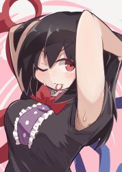 Rule 34 | 1girl, absurdres, armpits, arms up, asymmetrical wings, black dress, black hair, blue wings, blush, bow, bowtie, breasts, buttons, center frills, closed mouth, commentary request, dress, frills, hair tie in mouth, highres, houjuu nue, large breasts, looking at viewer, mouth hold, one eye closed, red bow, red bowtie, red eyes, red wings, short hair, short sleeves, solo, sweat, touhou, upper body, wings, yayuyoyayuyo