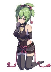 Rule 34 | 1girl, absurdres, arms behind back, bare shoulders, black gloves, black shirt, black shorts, black thighhighs, breasts, collarbone, commentary, covered navel, elbow gloves, genshin impact, gloves, green hair, highres, k soumao, kneeling, kuki shinobu, large breasts, looking at viewer, no shoes, ponytail, purple eyes, shirt, short hair, short shorts, shorts, simple background, sleeveless, sleeveless shirt, solo, thighhighs, thighs, white background