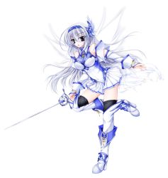 Rule 34 | 1girl, arm warmers, black thighhighs, boots, covered navel, expressionless, full body, grey eyes, hairband, halterneck, highres, knee boots, long hair, looking at viewer, magical girl, original, pleated skirt, rapier, silver hair, skirt, solo, standing, standing on one leg, sword, thighhighs, thighhighs under boots, weapon, white background, white footwear, white skirt, white thighhighs, wings, yu-ri (noteism)