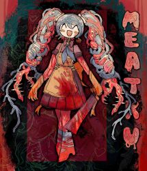 Rule 34 | 1girl, alleesaur, alternate design, blood, blood on clothes, blood splatter, blush, closed eyes, dress, food, full body, gloves, grey dress, hatsune miku, highres, holding cleaver, meat, open mouth, red footwear, smile, solo, standing, vocaloid, yellow gloves