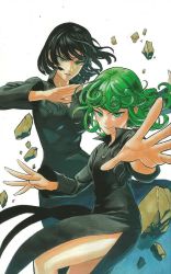 Rule 34 | 2girls, black dress, black hair, blunt bangs, blunt ends, breasts, collared dress, curly hair, dress, eyelashes, feet out of frame, female focus, fighting stance, fingers together, flipped hair, floating, floating hair, floating rock, foreshortening, fubuki (one-punch man), green eyes, green hair, hair between eyes, large breasts, lips, long dress, long sleeves, looking at viewer, matching hair/eyes, medium hair, multiple girls, murata yuusuke, official art, one-punch man, open hands, pelvic curtain, psychic, rock, siblings, simple background, sisters, skin tight, small breasts, smile, tatsumaki, taut clothes, taut dress, teeth, thighs, traditional media, v-shaped eyebrows, white background