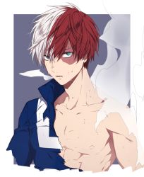 10s 1boy abs bad_id bad_pixiv_id bare_shoulders blue_eyes boku_no_hero_academia collarbone heterochromia hinomiya_(wls0910) jacket looking_at_viewer male_focus multicolored_hair muscular parted_lips red_hair sideburns smoke solo sweat todoroki_shouto toned torn_clothes track_jacket two-tone_hair upper_body white_hair